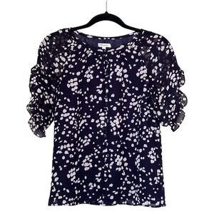 Madewell Ruffle Sleeve Top Size S Button Down Blouse Sheer‎ Black Cream Print